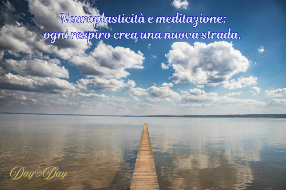 Pontile in legno che si estende verso l’orizzonte su un lago calmo sotto un cielo azzurro con nuvole leggere, simbolo del percorso interiore e delle nuove strade che si costruiscono passo dopo passo. Neuroplasticità e meditazione: come il nostro cervello crea nuove strade - Day by Day